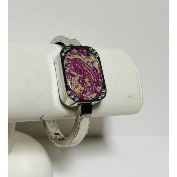 Y2K Statement Bracelet Silver-tone Rectangle Pink White Paisley Floral Butterfly - Picture 3 of 10